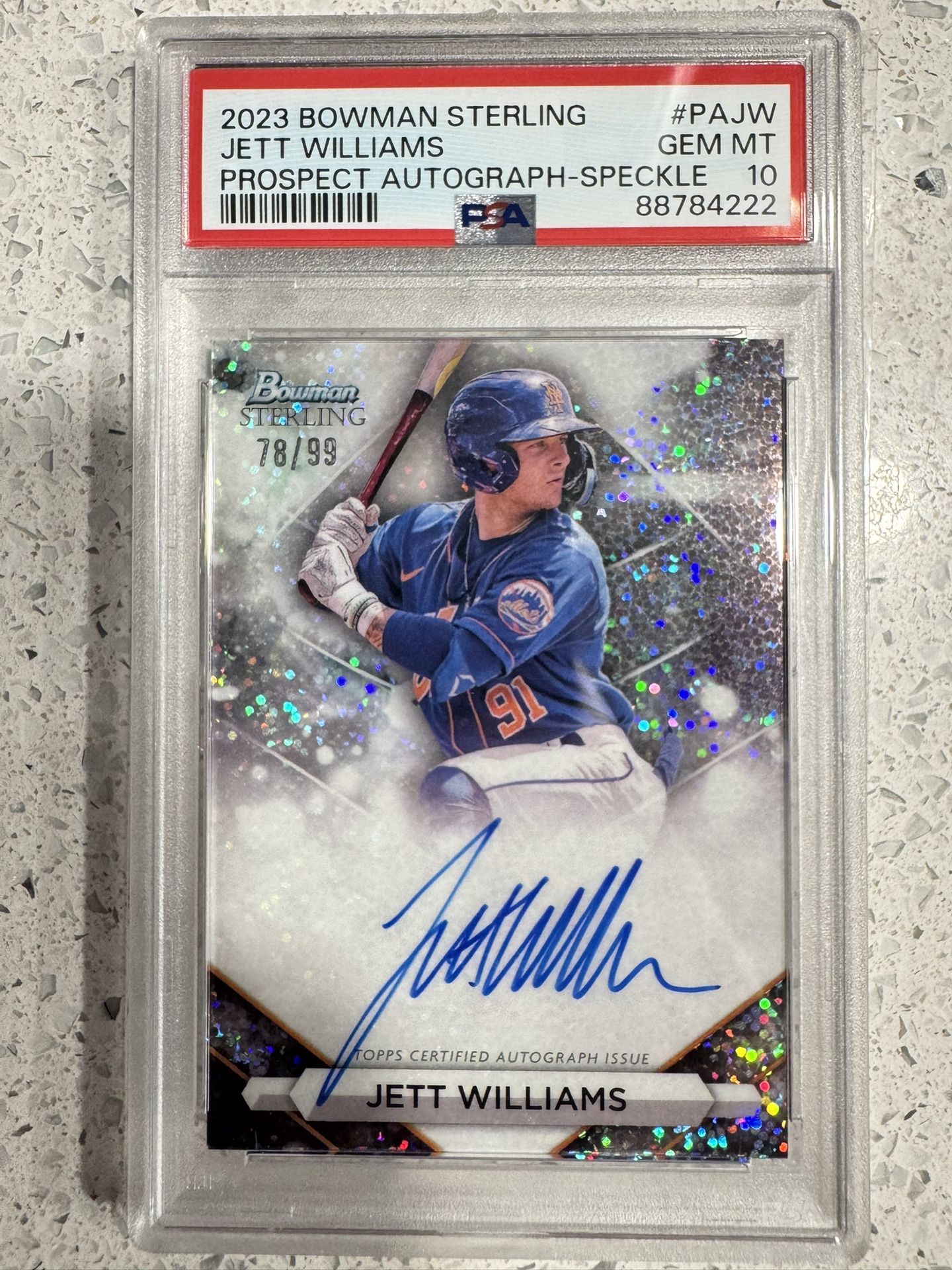 2023 Bowman Sterling Jett Williams Prospect Auto Speckle Refractor /99 – PSA 10 GEM MINT