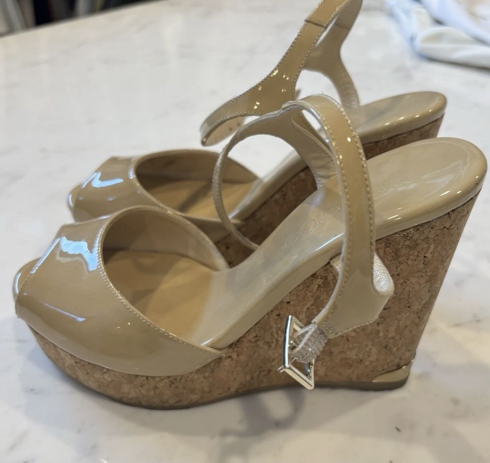 Jimmy Choo Wedges with Metal Heel Accent – Size 37.5