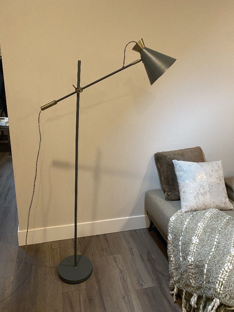Elegant Floor Lamp With Adjustable Arm And Height In Dark Gray Metal Finish And Antique Bronze Accent