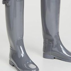 Hunters Boots Women's Refined Tall Gloss Boots, Stratus, Grey, 9 Medium US