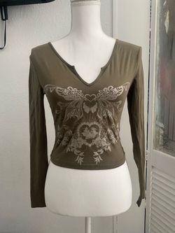 Olive green long sleeve V-neck Graphic Womans top