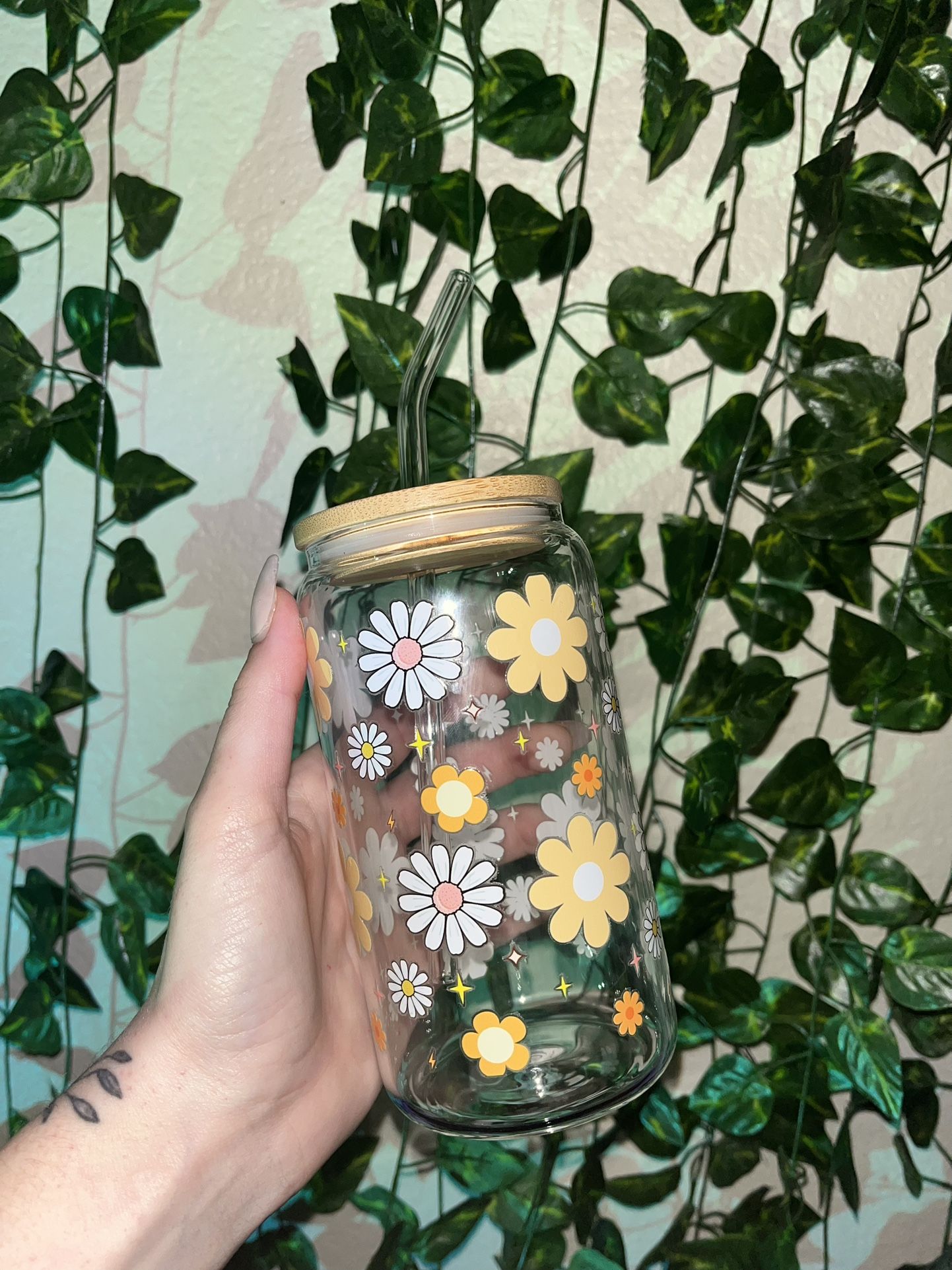 Flower Glass Cup with Straw and Lid and Straw Cleaner!