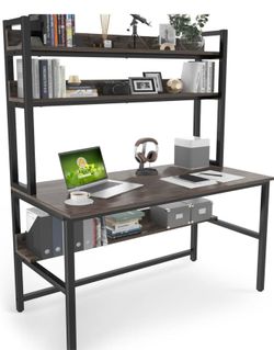 Desk with Hutch Bookshelves, Computer Desk with 3 Tiers Storage Shelves, Space Saving Design Black Metal Legs Desk with Grey Board, Easy Assemb