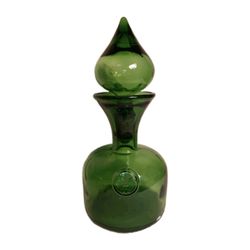 VTG MCM Empoli Green Glass Genie Bottle Decanter Flame Stopper Fleur De Lis Ital