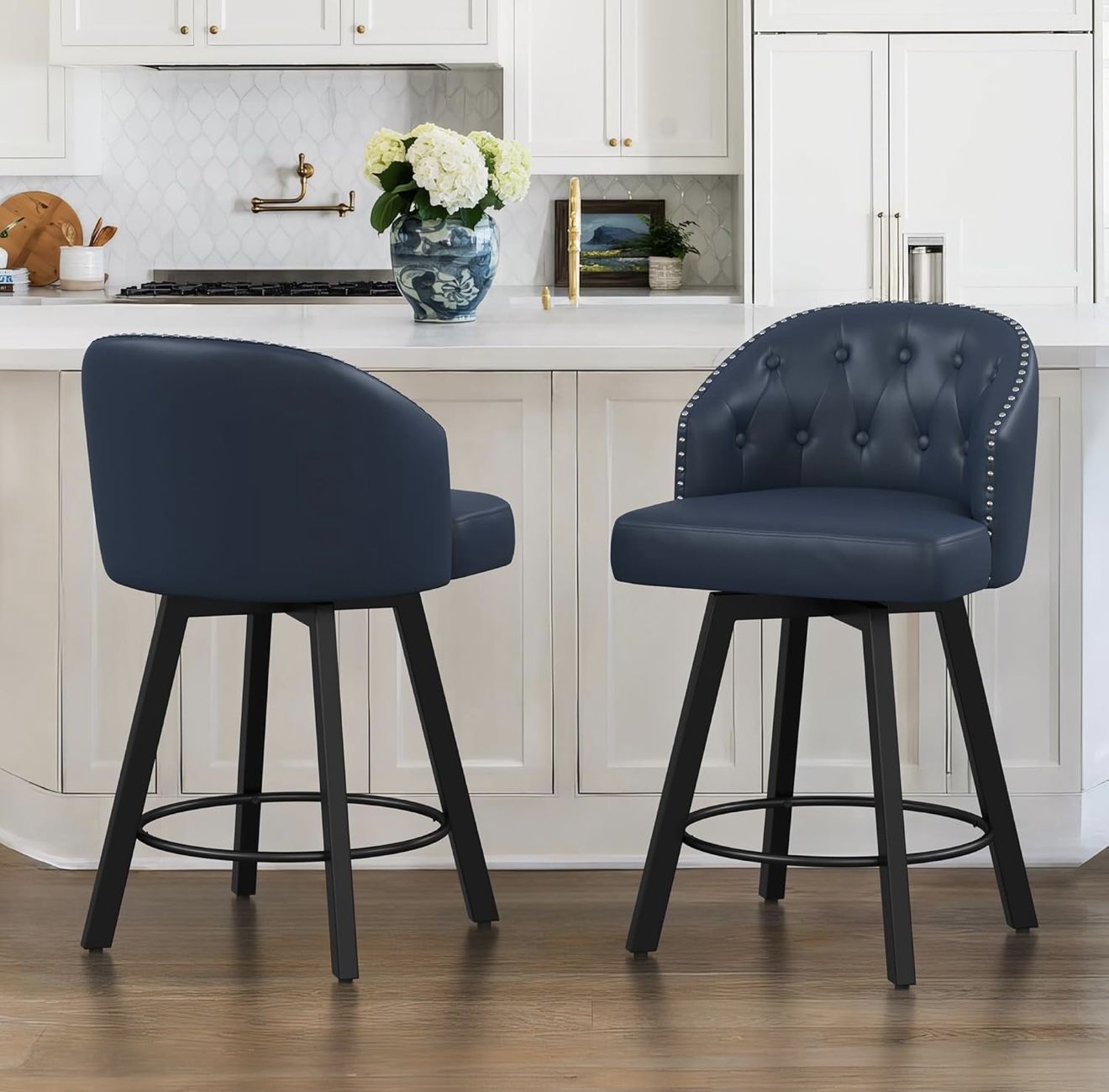 Set of 2. 26" Swivel Faux Leather Upholstered Bar Stools. Blue