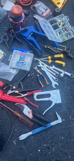 Assorted Hand Tools, Drill Bit Sets, Drill batteries, gadgets, and Hardware Lot $45