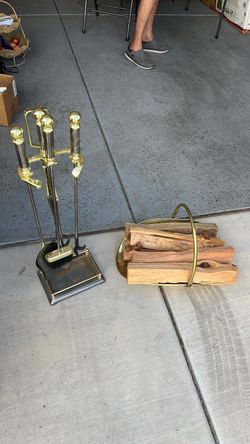 Vintage Brass Log Holder with poker, shovel, tongs on pedestal caddy
