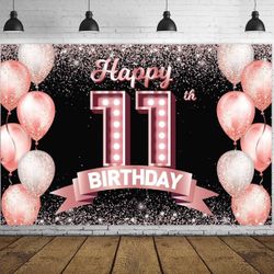 Happy 11th Birthday Rose Gold Banner Backdrop Cheers to 11 Years Old Confetti Balloons Theme