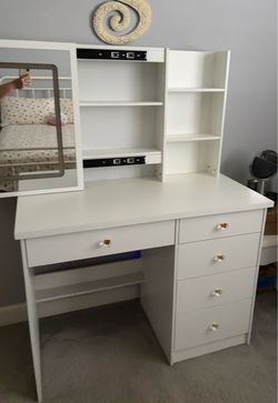 White Vanity Desk with Drawers and Shelves