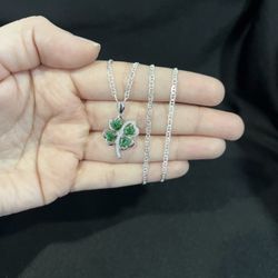 925 Sterling Silver Green CZ Four Leaf Clover Shamrock & Mariner Chain