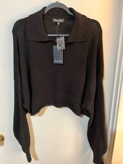 Emory Park Cropped Rib Knit Collared Sweater in Black Size Large New with tag