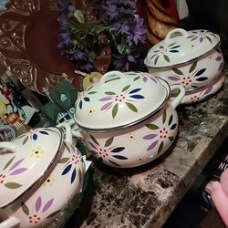 Temp-tations by Tara 5Pc Enamel Cookware Set Green Flowers Old World #15 T