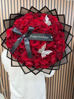 Large Red Rose Bouquet with Black Wrapping