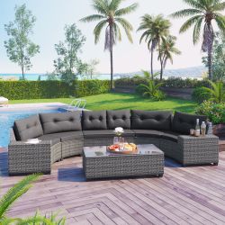 <Old SKU: FG201215AAE> 8-pieces Outdoor Wicker Round Sofa Set, Half-Moon Sectional Sets All Weather, Curved Sofa Set With Rectangular Coffee Table, PE