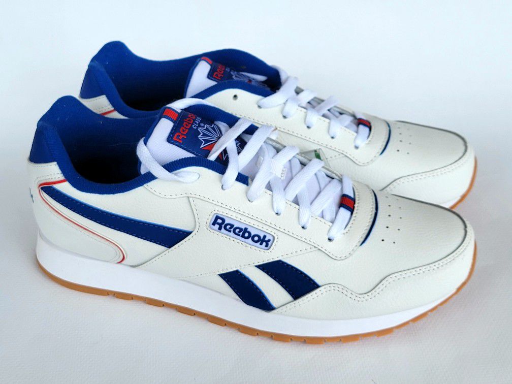 New Reebok Sample Mens Classic Leather Harman Running Shoes White Blue Red Gum 9