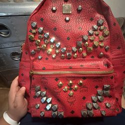 MCM Backpack Bag Visetos Coral Red Studded
