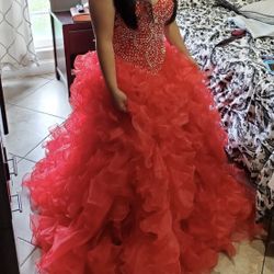 Red Quinceanera Dress With Pearl Necklace, Earrings, Crown And Two Adult Suspenders 