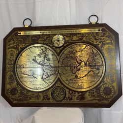 Masketeers Vintage 1964 Large Brass Wood Map Of The World In 1628