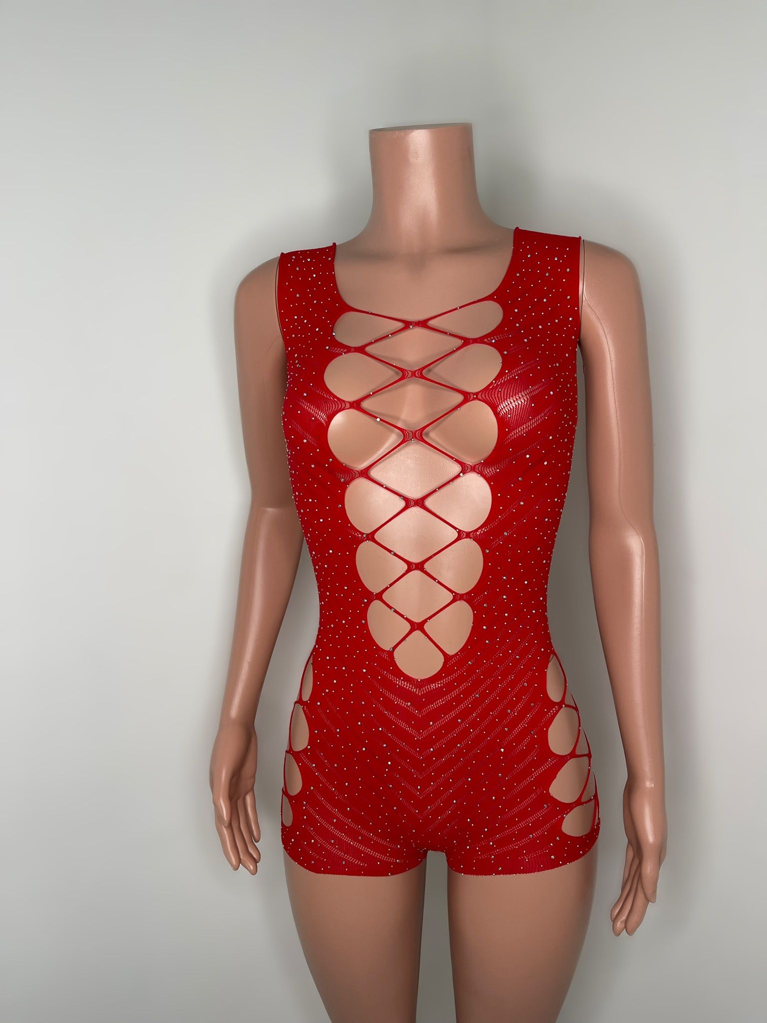 Red Rhinestones Fishnet One Piece