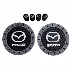 Mazda Cup Holder Coasters 2PC Tire Valve Stem Caps 4PC Black Logo 6PC Set NEW