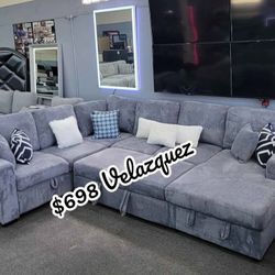 ✅️✅️Dark grey corduroy fabric sectional sofa with storage chaise and love seat and pop up sleep area in center USB charging✅️