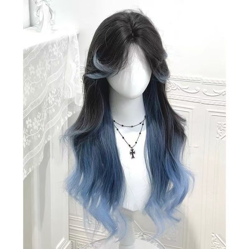 25 inch Long Curly Ombre Wig - Dark Brown to Blue