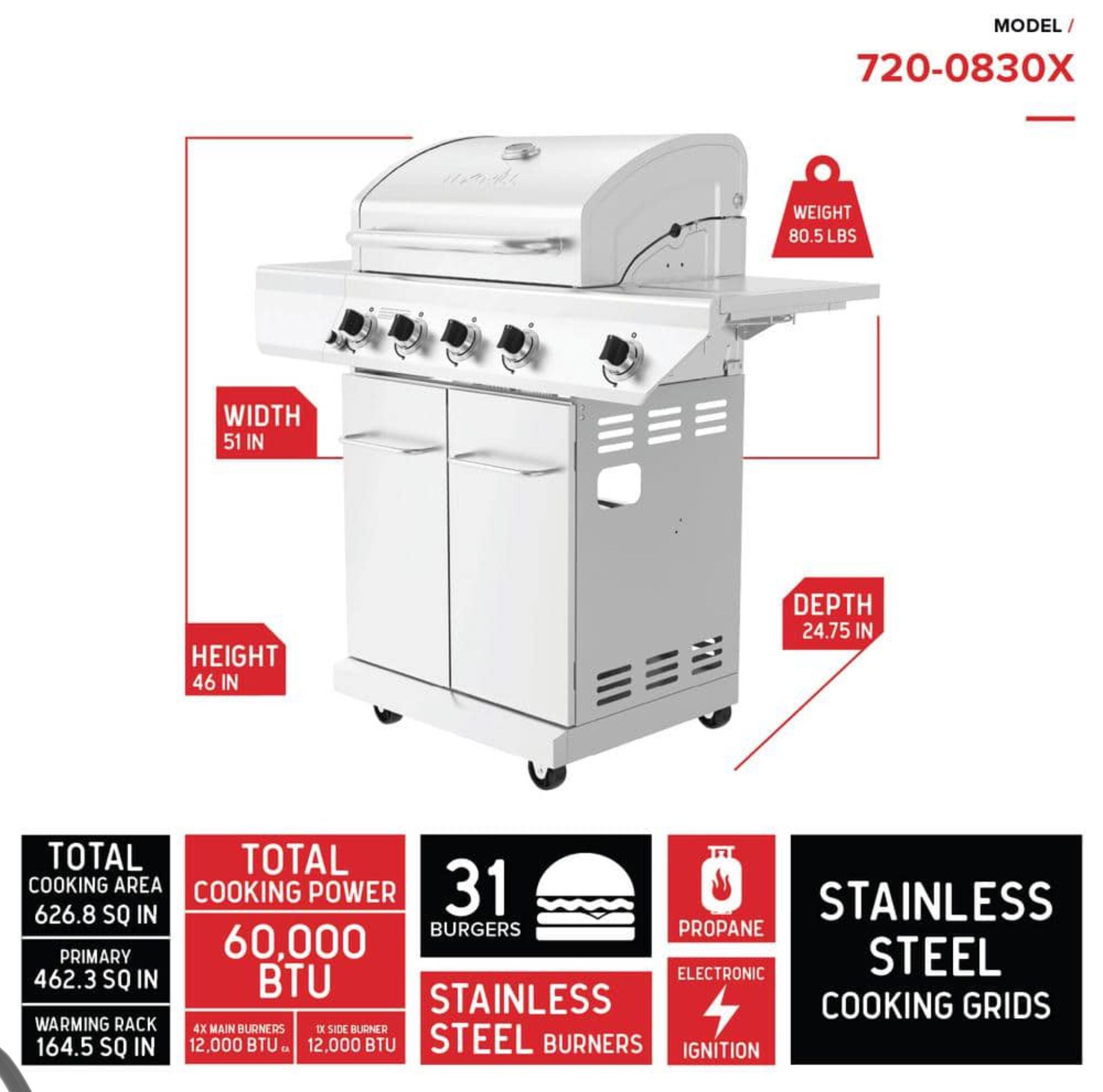 Nexgrill 4Burner Propane Gas Grill in Stainless Steel with Side Burner