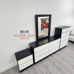 DRESSER WITH MIRROR, CHEST AND ONE NIGHTSTAND 