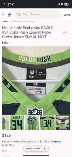 Authentic Jersey- Nike Seattle Seahawks RAWLS #34 Color Rush Legend Neon Green Jersey Size XXL NWT