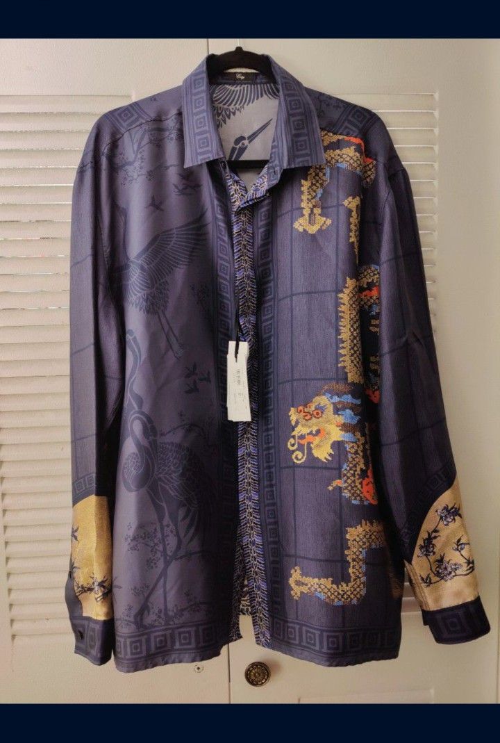New VERSACE COLLECTION Men Long Sleeve Dragon Silk Dress Shirt Size 44