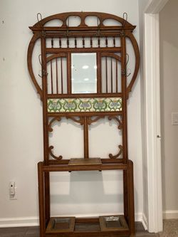 Selling for a friend, this wooden hall tree , Measurements are 44”W by 9”D and 86” H