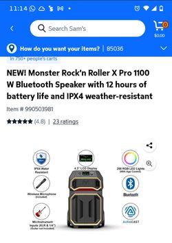 NEW! Monster Rock'n Roller X Pro 1100 W Bluetooth Speaker with 12 hours of battery life and IPX4 weather-resistant