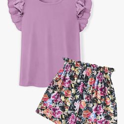 Girls 2 Piece Outfits Summer Clothes Ruffle Short Sleeve Shirts Top and High Waist Paper Bag Shorts Set with Pockets