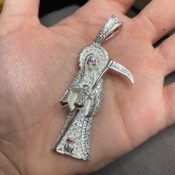 Solid 925 Sterling Silver Iced Grim Reaper Santa Muerte Pendant 2.5in Tall