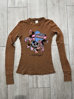 Vintage Y2K Brown Ed Hardy Long Sleeve Shirt Size Small