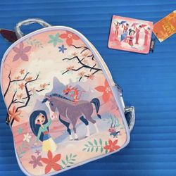 Loungefly Disney Mulan Cherry Blossom Canvas Face on Front of Bag Mini Backpack and Matching Cardholder - Both NWTs 