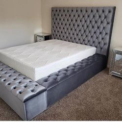 / Brand New/ Gray Velvet Queen Storage Platform Bed Frame Cama/ King Size Available/ Mattress Sold Separately 