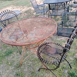 Vintage Metal Bistro Table And Two Folding Chairs 