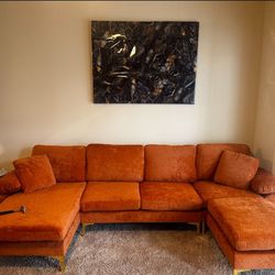 Orange Velvet Sectional With Ottoman 