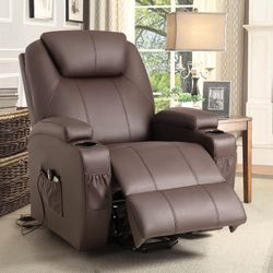 New Power Lift Recliner Chair with Massage for Elderly, Adjustable Leather Living Room Recliner Sofa with Remote Control, Cup Holder Brown  New in box