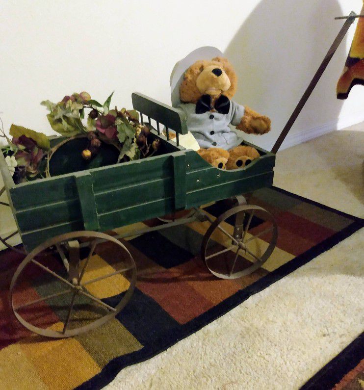 Vintage Toy  Wood Wagon w/Metal Wheels/Handle/Would Make A Great Gift/ Paint/Decorate