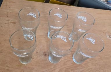 Set of 6 vintage Coca-Cola drinking glasses, classic contour shape. Size 3 inch diameter, 6 inch tall. All in good clean condition.
