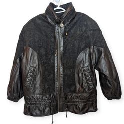 Vintage Maggie Lawrence Black Leather Suade Pattern Biker Ruffle Jacket