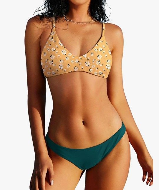 New ZAFUL Women's Solid Spaghetti Strap Bralette Bikini Set Two Piece Swimsuit, SMALL