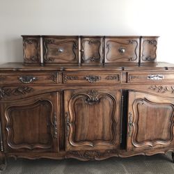 Gorgeous Carved Wood Cabinet & Hutch With Silver Detail