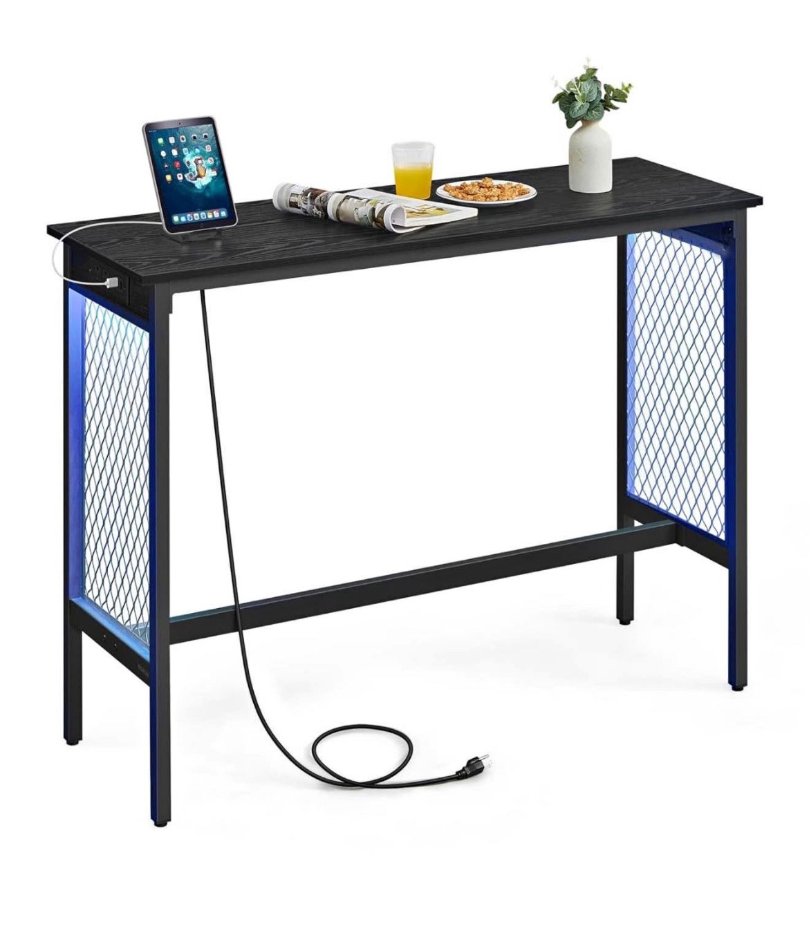 Bar Table with Power Outlets, 47.2 Inches LED Lights Narrow Tall Pub Table, Counter Height Console Desk, Mesh Panels and Metal Frame, for