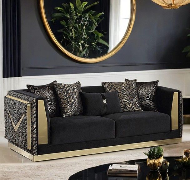 Black Velvet/Gold Zebra Print Polyester Couch Sofa
