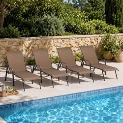 Chaise Lounge Chair Outdoor, Pool Chairs Set of 4 with Armrests (Brown) 5-Position Adjustable Backrest, Sturdy Metal Frame and All Weather Textilene F