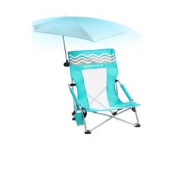 Dowinx Beach Chair with Adjustable Umbrella, Portable Low Camping Chair for Adults, High Back Lightweight Lawn Chair with Holdcup, UPF 50+, Green