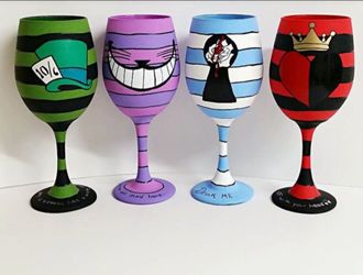Hand Painted Alice in Wonderland theme Wine Glasses